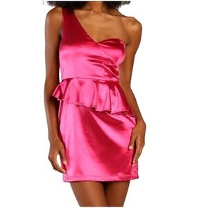 Lulus One Shoulder Satin Mini Dress Women's M Fuchsia Pink Peplum NWT Ruffle Fun